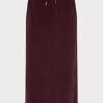 A dark burgundy midi skirt with a matching drawstring waistband, shown against a plain light gray background.