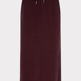 A dark burgundy midi skirt with a matching drawstring waistband, shown against a plain light gray background.