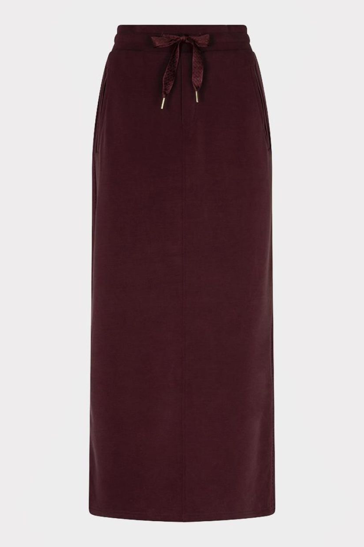 A dark burgundy midi skirt with a matching drawstring waistband, shown against a plain light gray background.