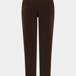 A pair of dark brown cropped trousers shown from the back on a light gray background.