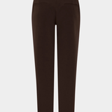 A pair of dark brown cropped trousers shown from the back on a light gray background.