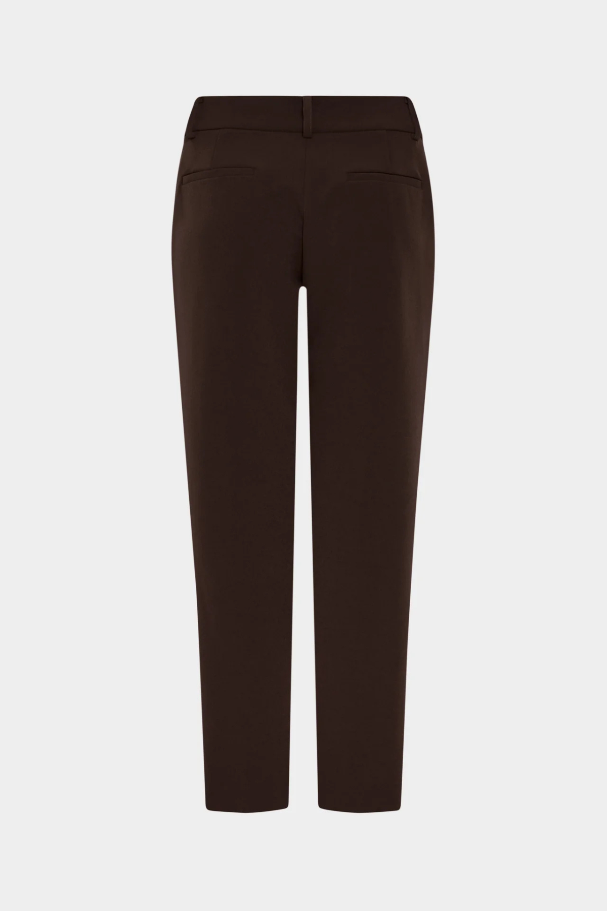 A pair of dark brown cropped trousers shown from the back on a light gray background.