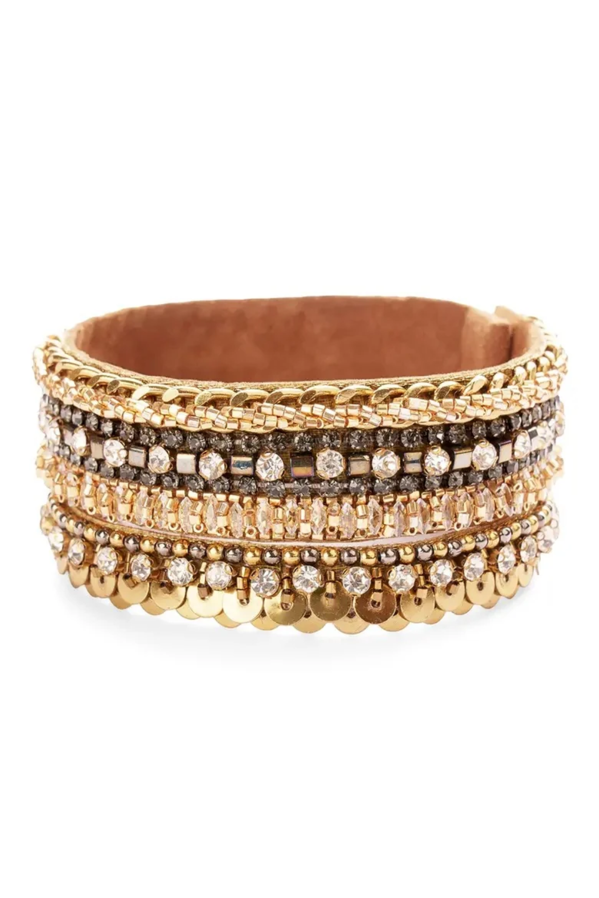 A wide gold-tone cuff bracelet featuring multiple rows of rhinestones, sequins, and metallic details, displayed on a clean white background.