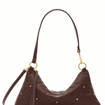 A dark brown quilted leather shoulder bag with gold-tone studs and hardware, shown against a plain white background.