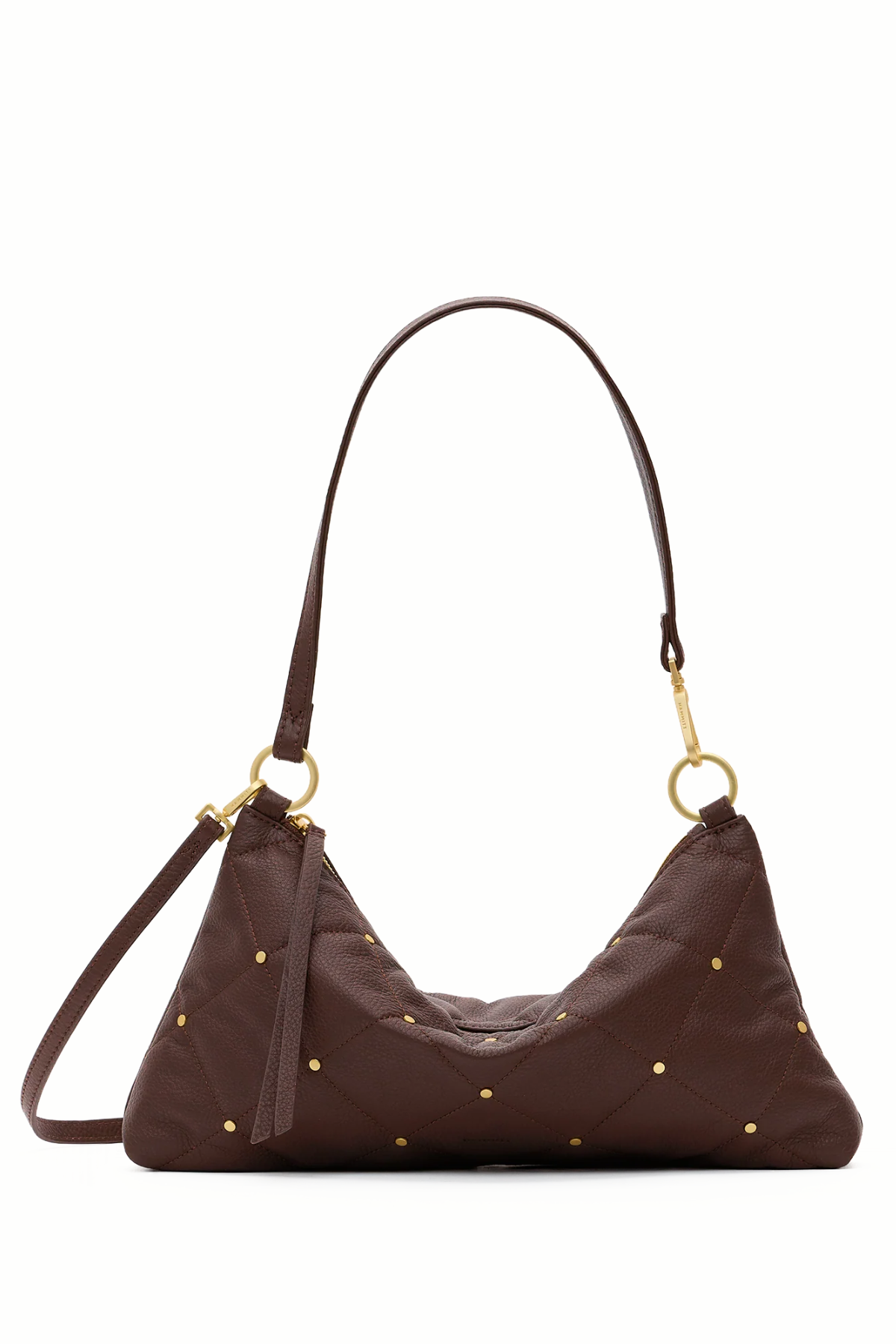 A dark brown quilted leather shoulder bag with gold-tone studs and hardware, shown against a plain white background.