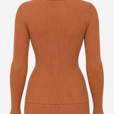 A ribbed knit long-sleeve top in a warm rust or terracotta color, shown from the back on a light gray background.