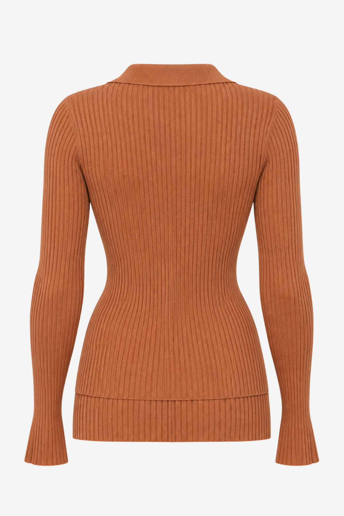 A ribbed knit long-sleeve top in a warm rust or terracotta color, shown from the back on a light gray background.