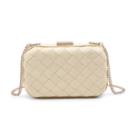 Quilted beige handbag with a chain strap on a white background