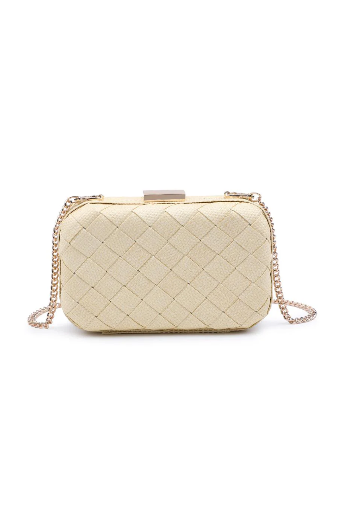 Quilted beige handbag with a chain strap on a white background