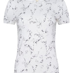 White t-shirt with black floral pattern on a white background