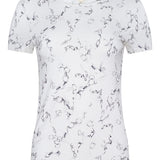 White t-shirt with black floral pattern on a white background