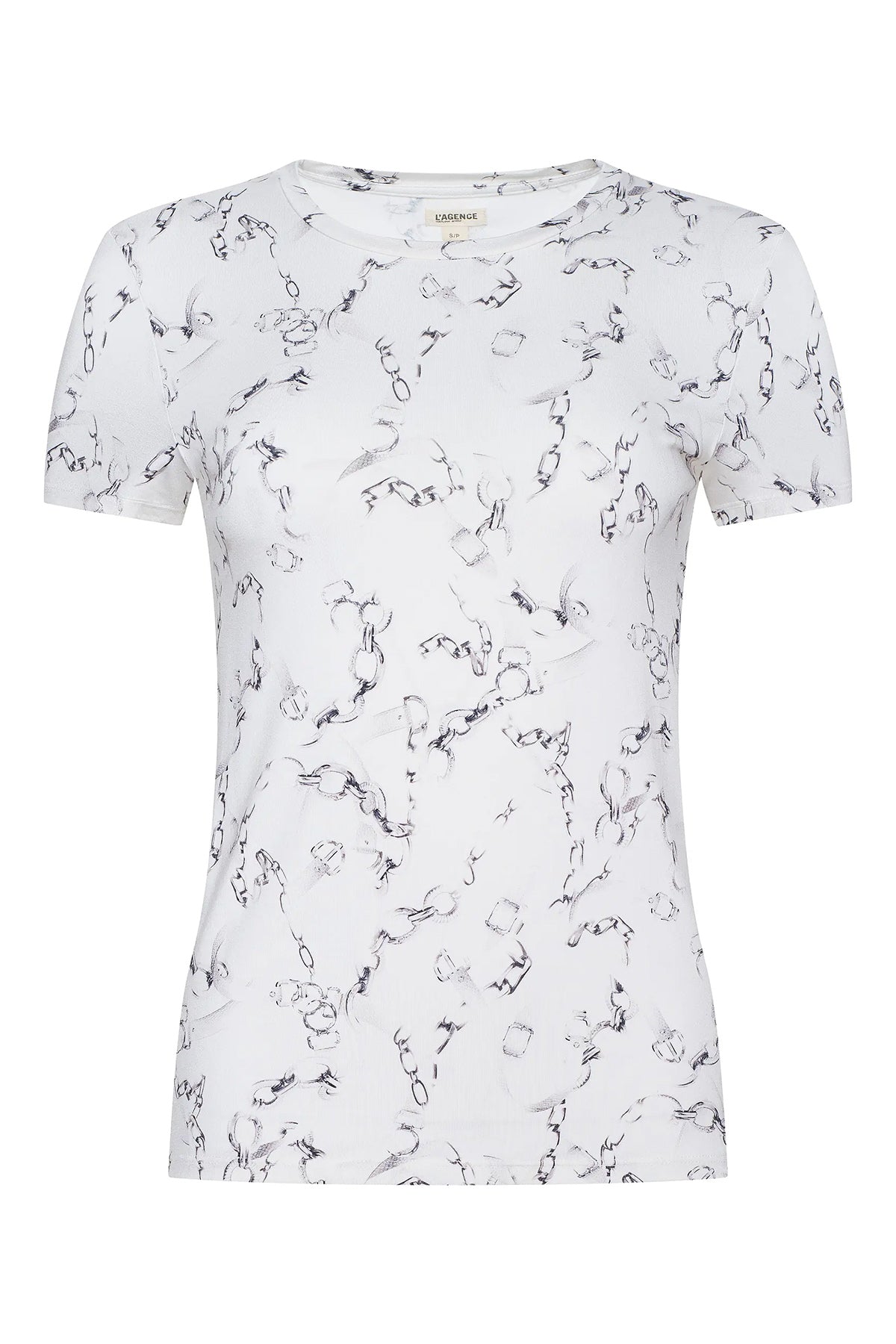 White t-shirt with black floral pattern on a white background