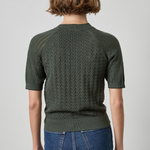 A person shown from the back wearing a dark olive green short-sleeve knit sweater with a textured cable pattern and blue jeans, against a plain light gray studio background.