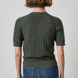 A person shown from the back wearing a dark olive green short-sleeve knit sweater with a textured cable pattern and blue jeans, against a plain light gray studio background.