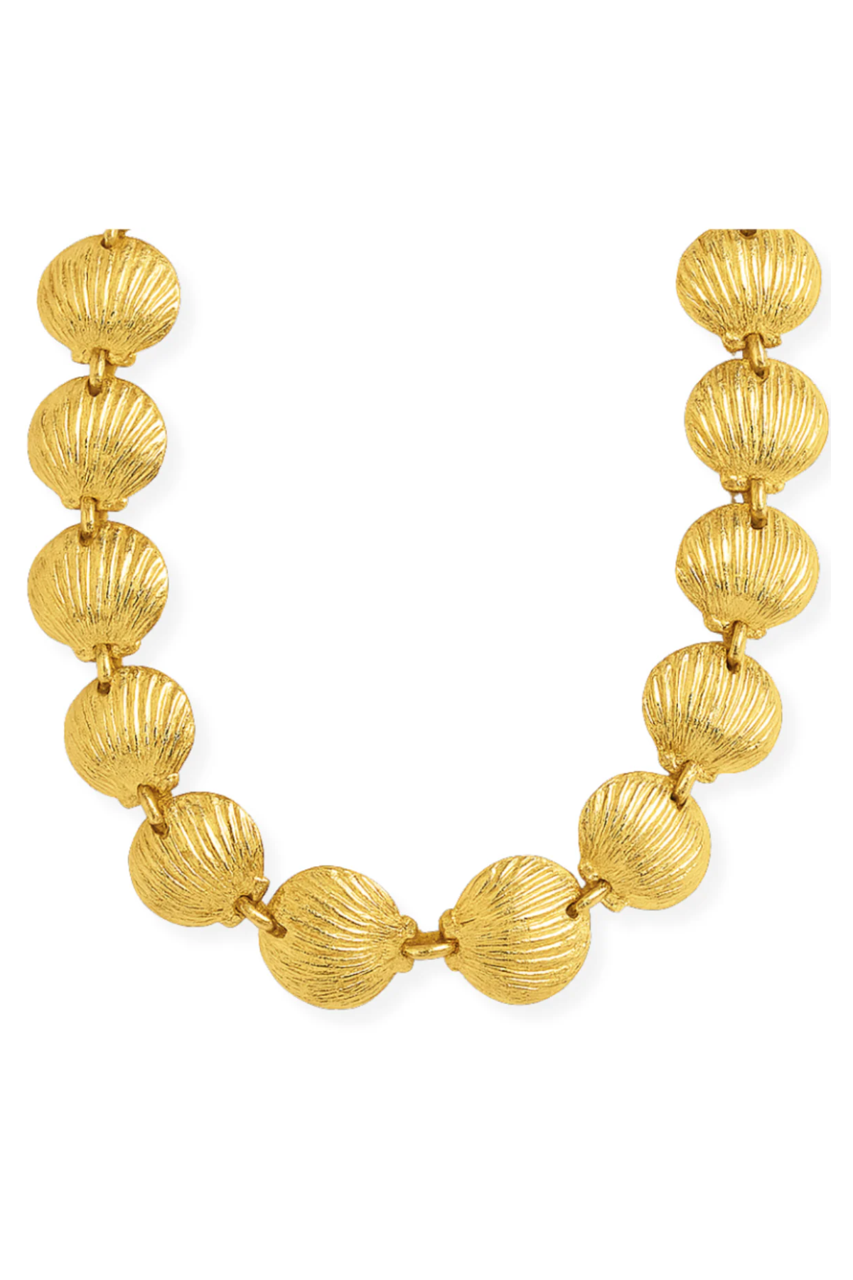 Gold necklace with shell-like beads on a white background