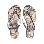 Pair of snake print flip-flops on a white background