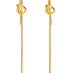 A pair of gold-toned drop earrings with a knotted detail at the top and long textured dangling chains, shown on a plain white background.