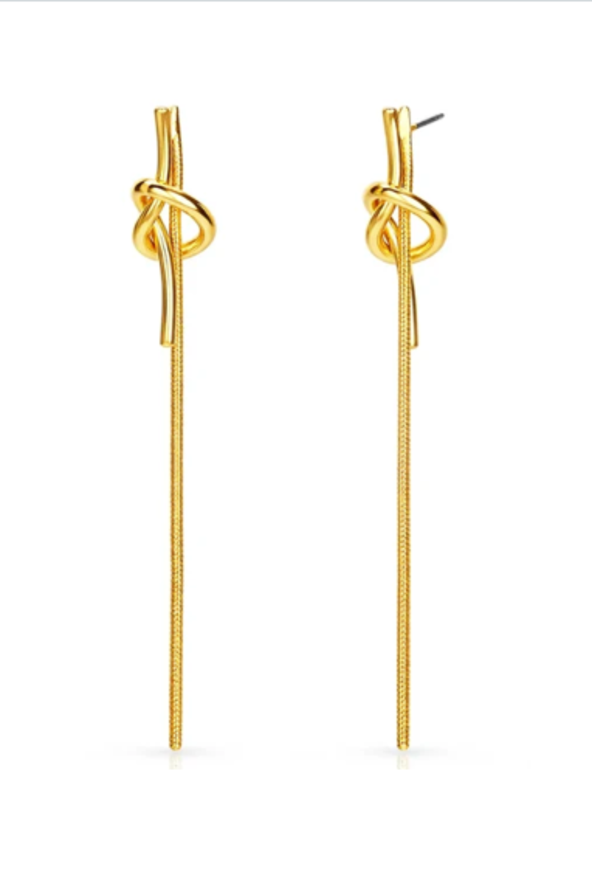 A pair of gold-toned drop earrings with a knotted detail at the top and long textured dangling chains, shown on a plain white background.
