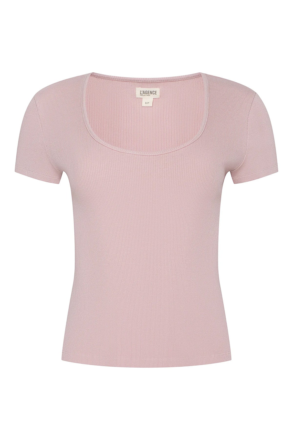 Short-sleeve scoop-neck tee in a soft neutral color.