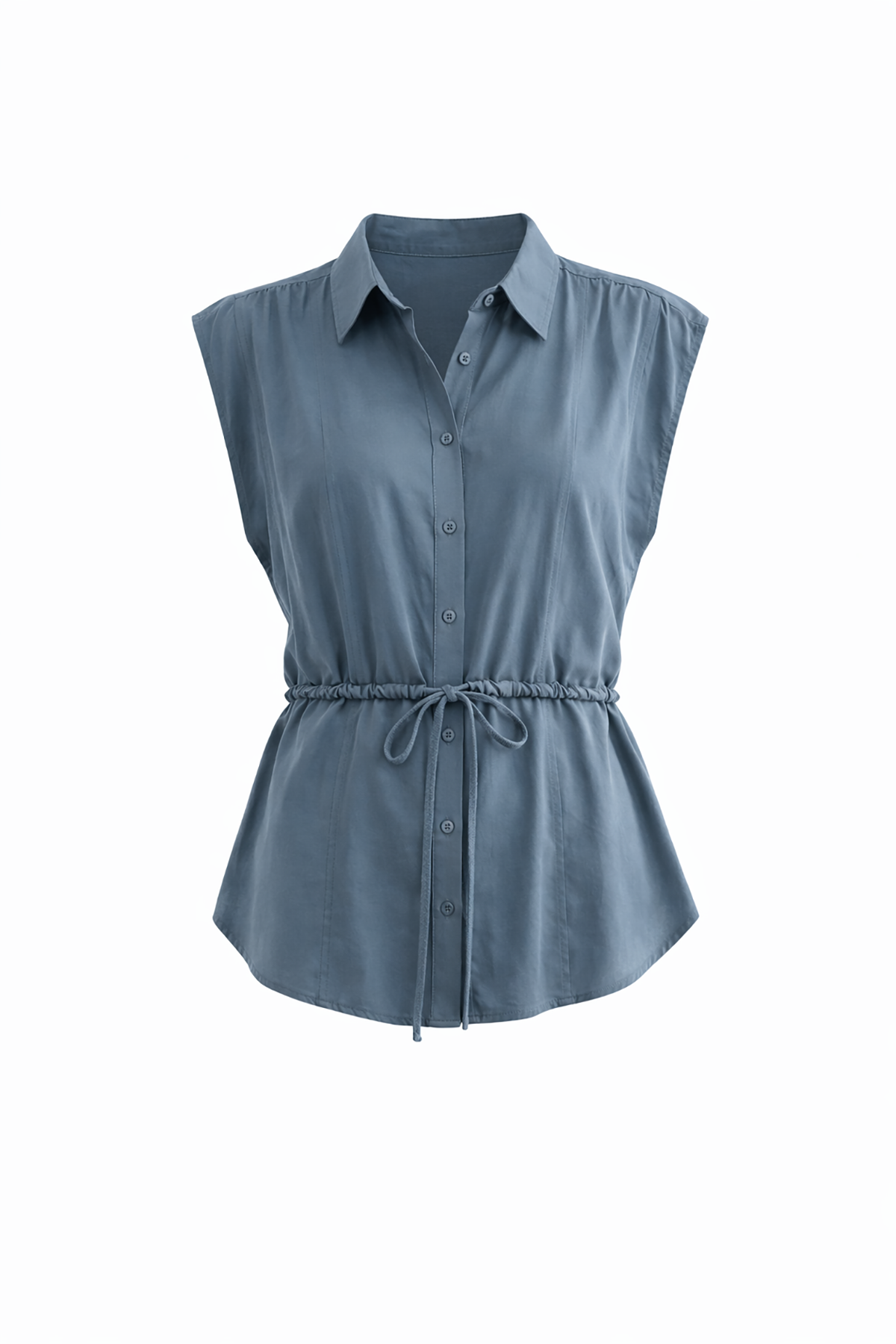 Blue sleeveless shirt with a tie waist on a white background