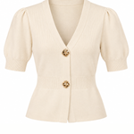 A cream-colored short-sleeve knit cardigan with puff sleeves, a V-neckline, and two decorative gold buttons, shown against a plain white background.