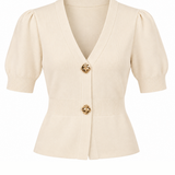 A cream-colored short-sleeve knit cardigan with puff sleeves, a V-neckline, and two decorative gold buttons, shown against a plain white background.