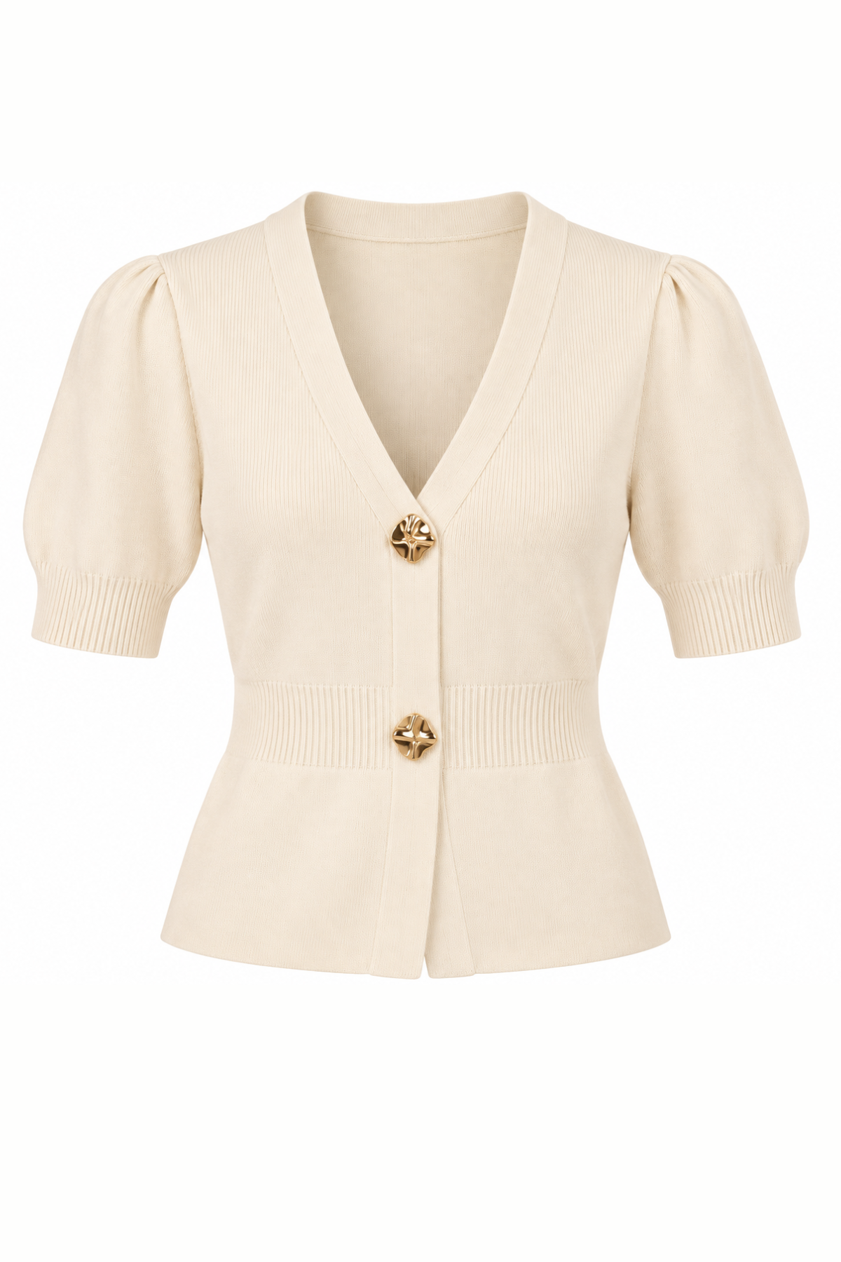 A cream-colored short-sleeve knit cardigan with puff sleeves, a V-neckline, and two decorative gold buttons, shown against a plain white background.