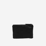 A small black pebbled leather zip pouch with a top zipper, shown against a plain white background.