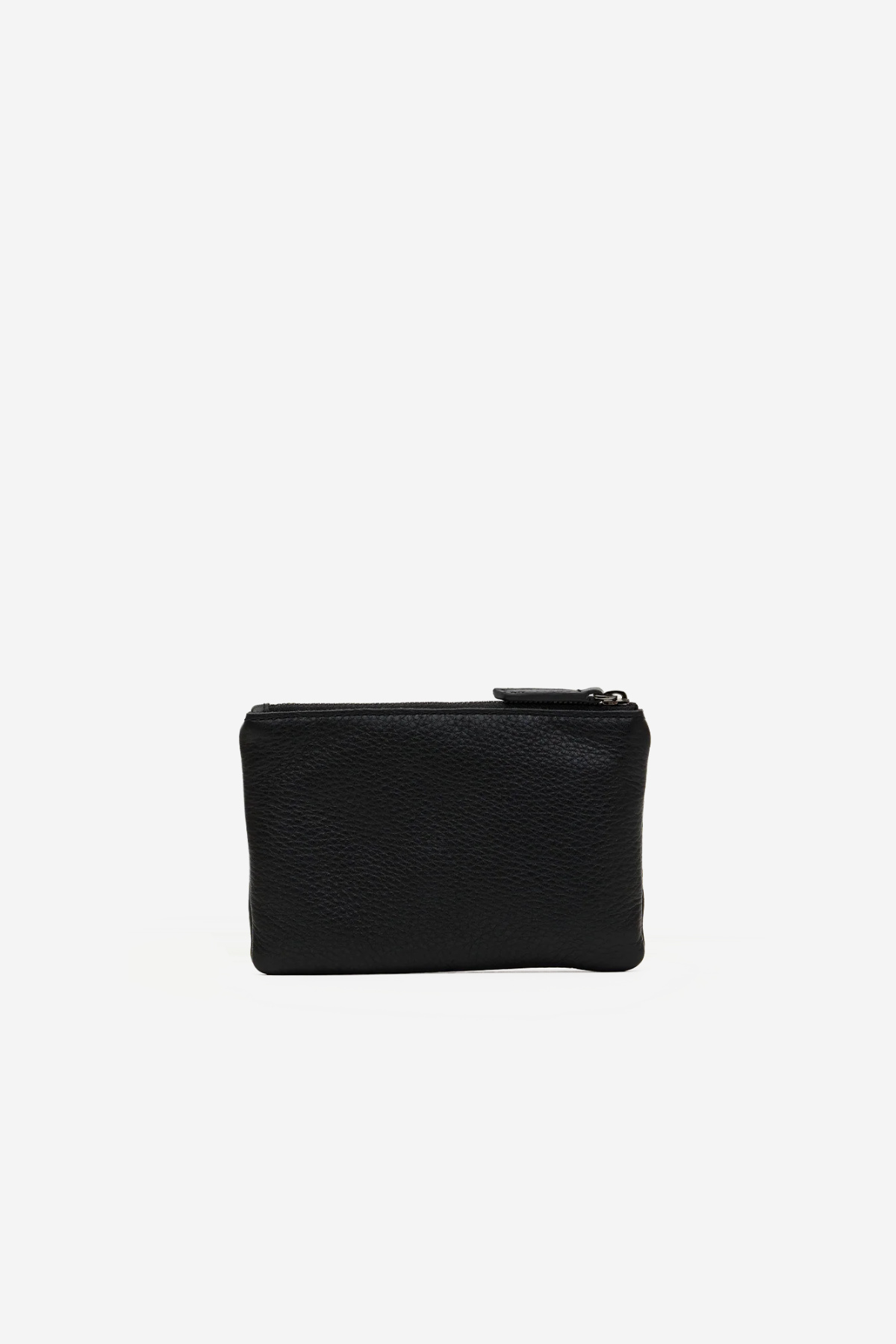 A small black pebbled leather zip pouch with a top zipper, shown against a plain white background.