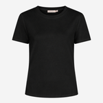 A black short-sleeve crewneck t-shirt displayed on a clean, light gray background.