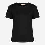 A black short-sleeve crewneck t-shirt displayed on a clean, light gray background.
