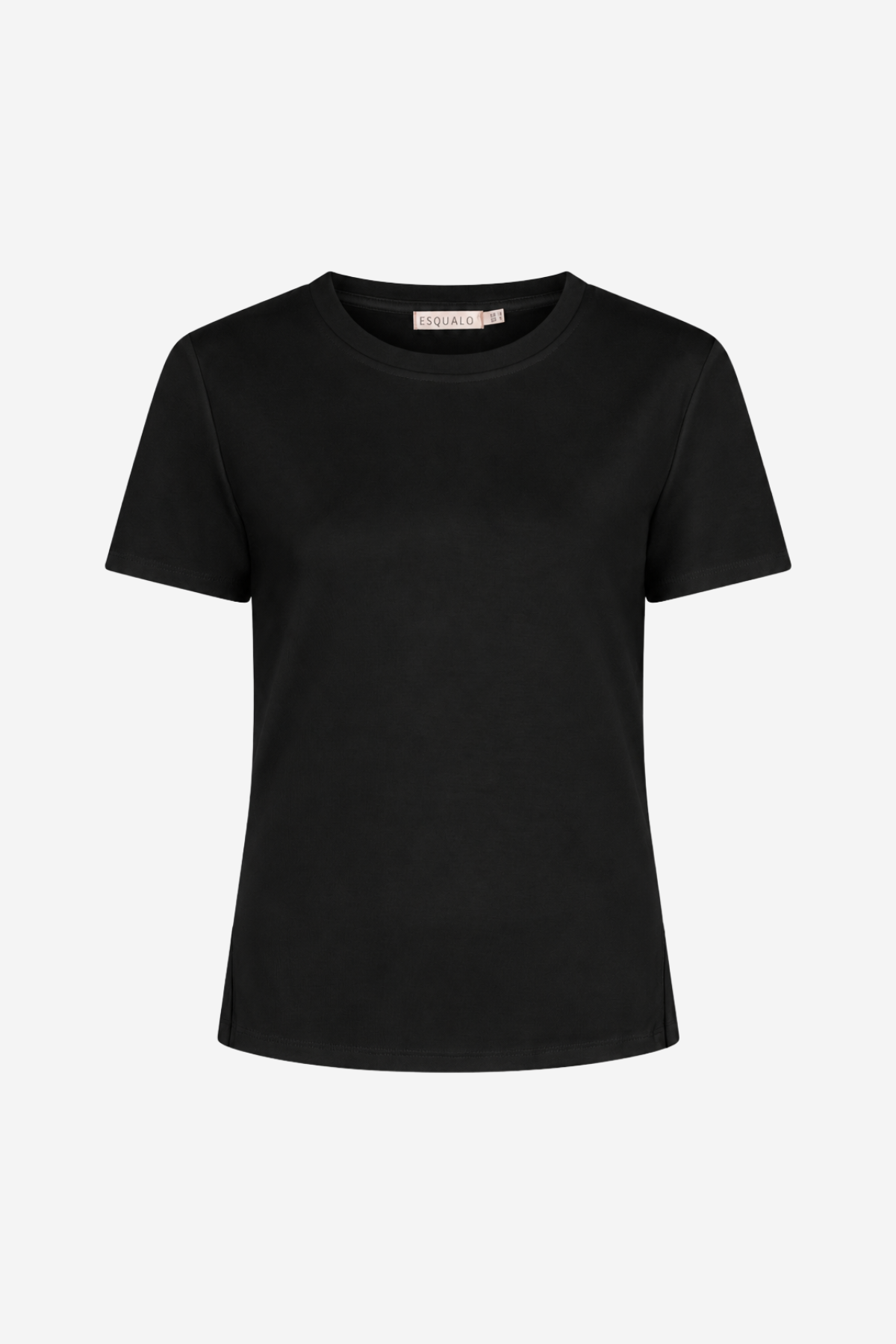 A black short-sleeve crewneck t-shirt displayed on a clean, light gray background.