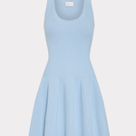 A light blue sleeveless ribbed knit dress with a scoop neckline and a flared pleated skirt, shown against a plain light gray background.