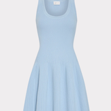 A light blue sleeveless ribbed knit dress with a scoop neckline and a flared pleated skirt, shown against a plain light gray background.