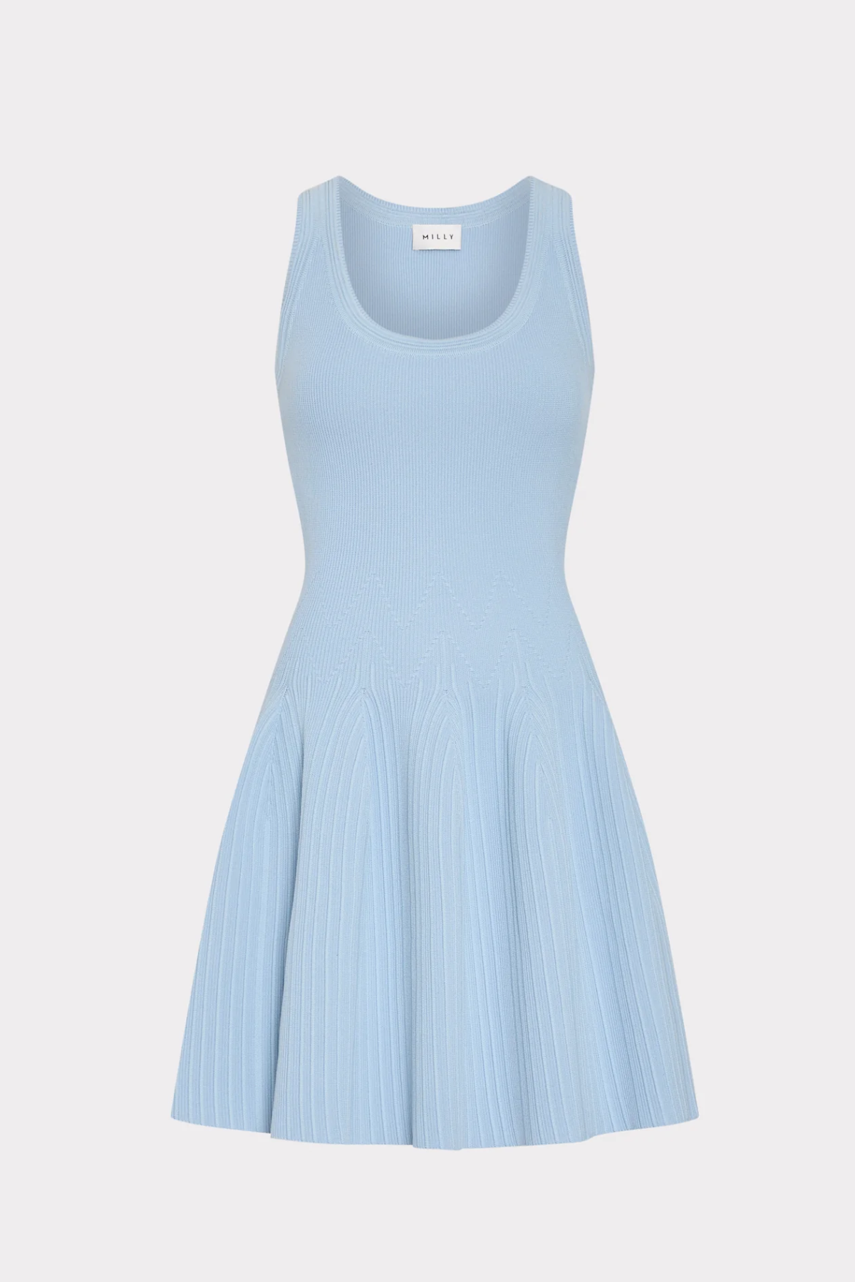 A light blue sleeveless ribbed knit dress with a scoop neckline and a flared pleated skirt, shown against a plain light gray background.
