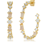 Gold hoop earrings with alternating round white opal-like beads, baguette pale pink stones, and clear marquise-cut crystals on a white background.