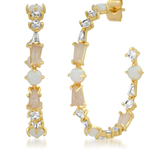 Gold hoop earrings with alternating round white opal-like beads, baguette pale pink stones, and clear marquise-cut crystals on a white background.