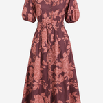 A midi-length floral print shirt dress with puff sleeves, a pointed collar, and a matching waist tie belt, shown against a plain light gray background.