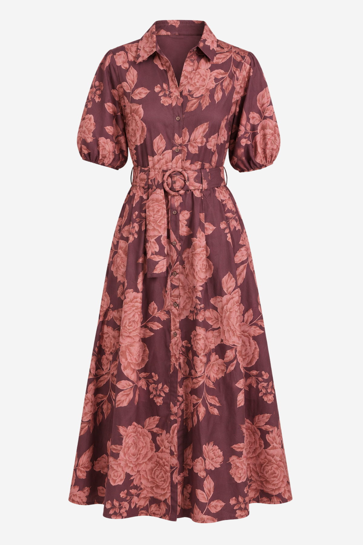 A midi-length floral print shirt dress with puff sleeves, a pointed collar, and a matching waist tie belt, shown against a plain light gray background.