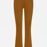 A pair of high-waisted, flared jeans in a warm camel brown color, shown against a plain light gray background.
