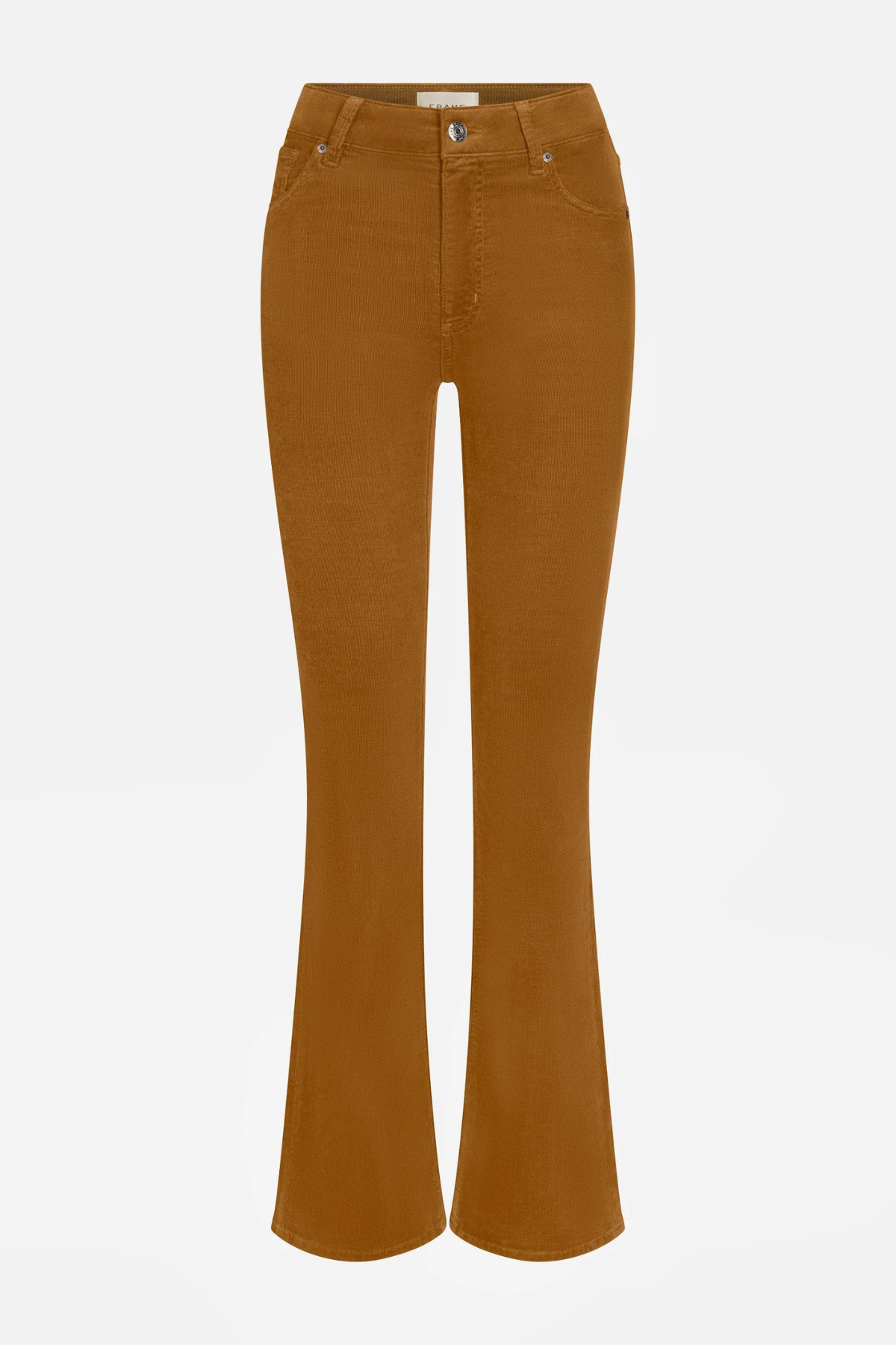 A pair of high-waisted, flared jeans in a warm camel brown color, shown against a plain light gray background.