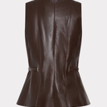 Women's dark brown faux leather sleeveless top featuring a fitted silhouette and sleek finish.