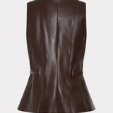 Women's dark brown faux leather sleeveless top featuring a fitted silhouette and sleek finish.