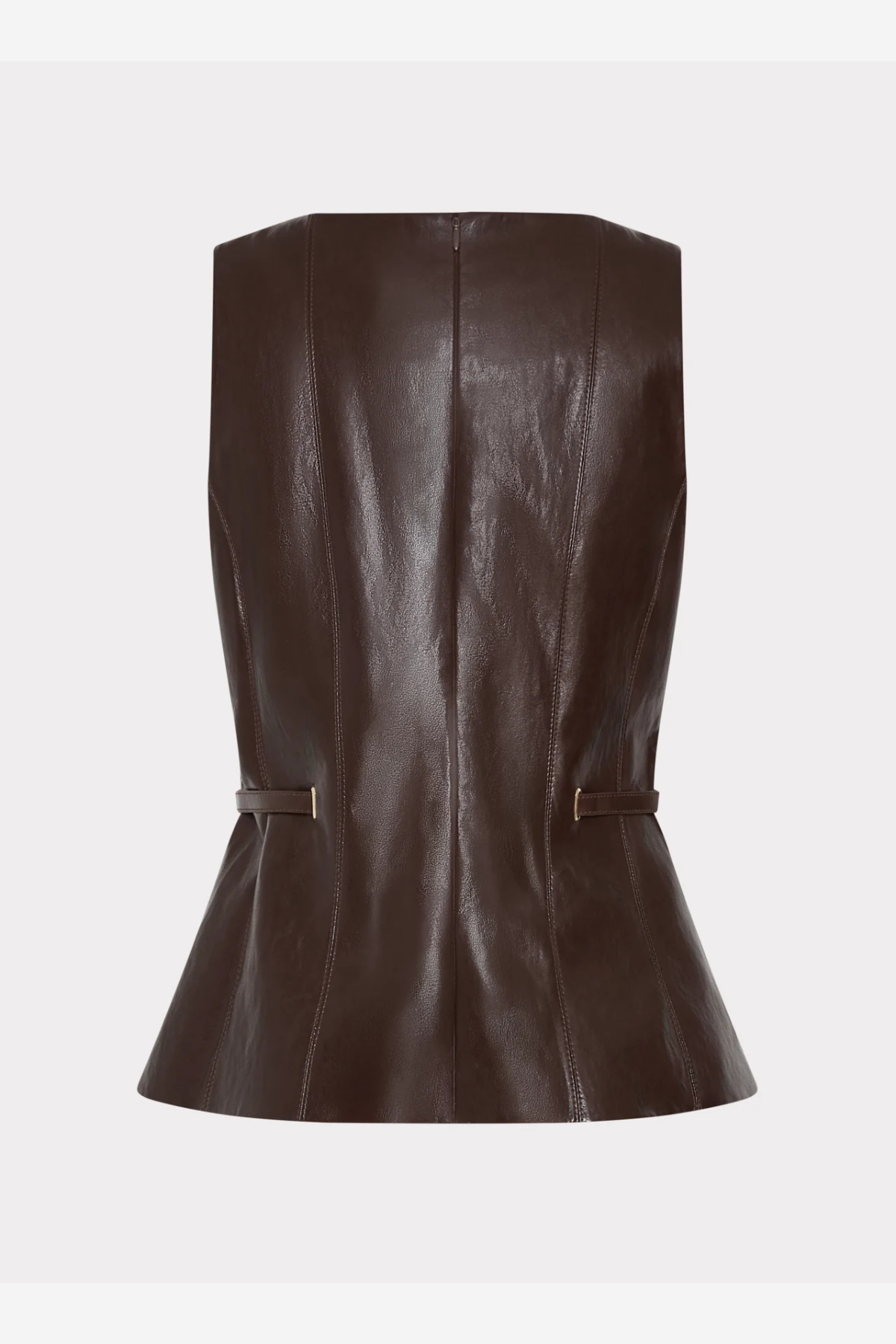 Women's dark brown faux leather sleeveless top featuring a fitted silhouette and sleek finish.