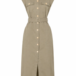 A sleeveless khaki shirt dress with a button-down front, collar, chest flap pockets, and a matching waist belt, shown on a plain white background.