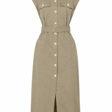 A sleeveless khaki shirt dress with a button-down front, collar, chest flap pockets, and a matching waist belt, shown on a plain white background.