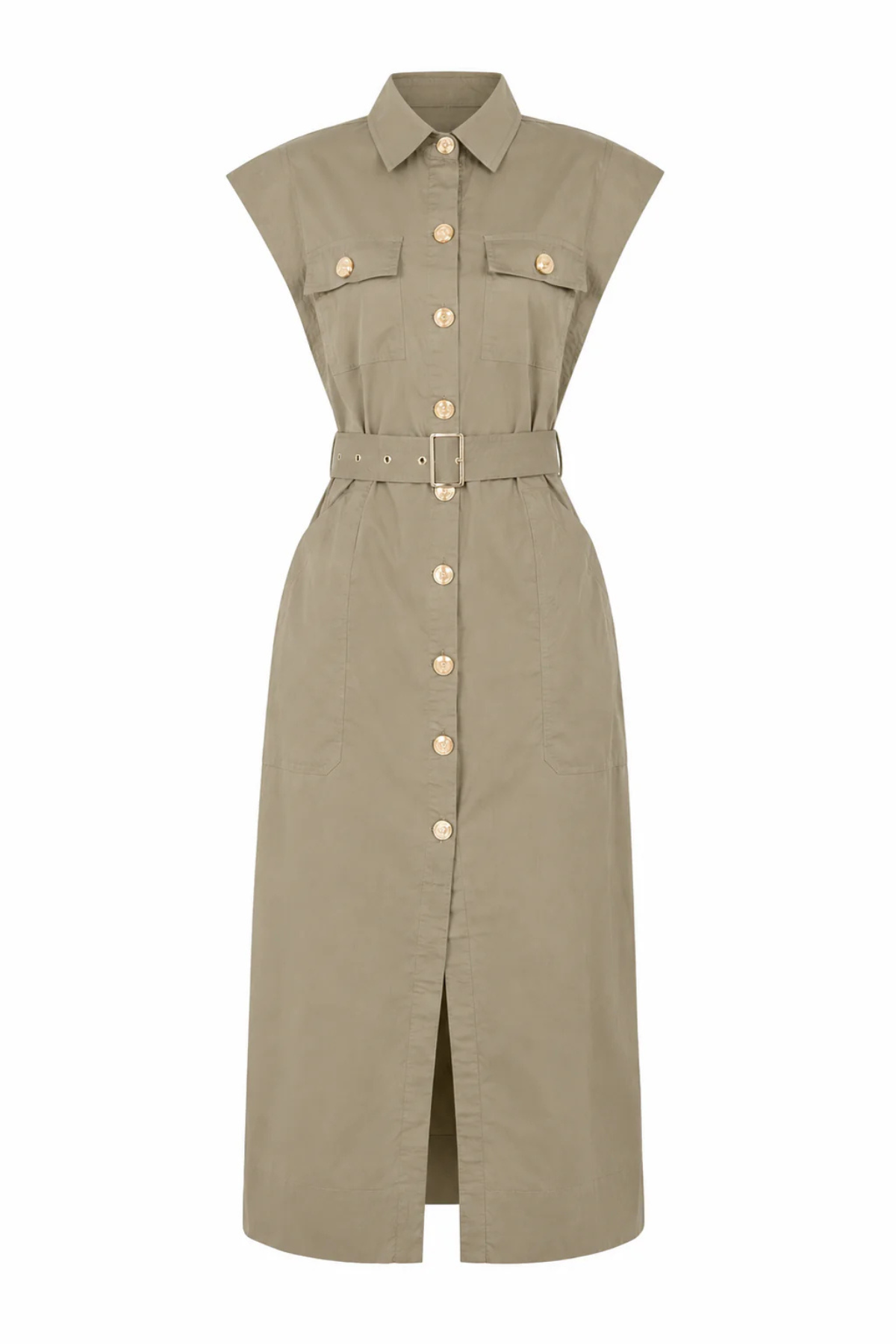 A sleeveless khaki shirt dress with a button-down front, collar, chest flap pockets, and a matching waist belt, shown on a plain white background.