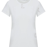 White t-shirt with small logos on a white background