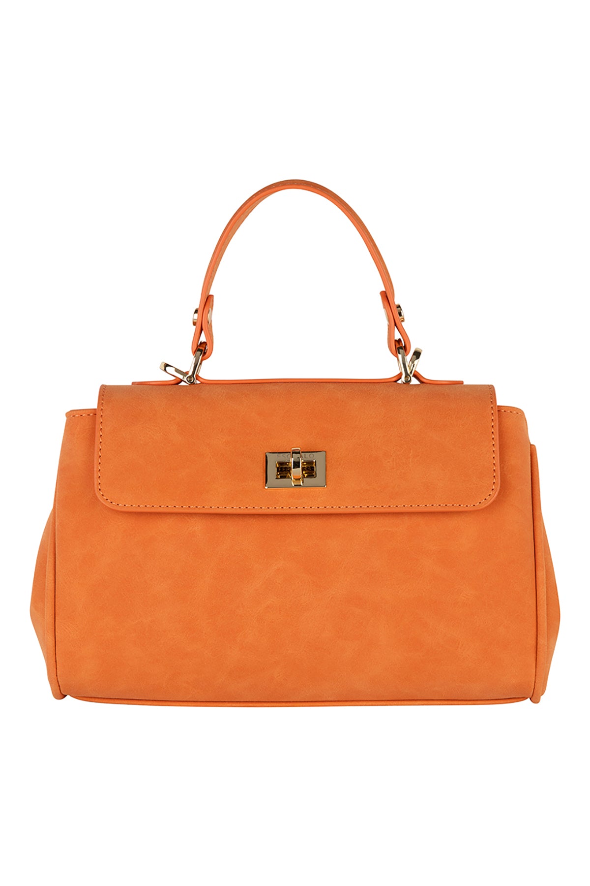 Orange handbag with a gold clasp on a white background