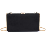 A black rectangular clutch bag with a gold-tone chain strap and a small gold clasp at the top, shown against a plain white background.